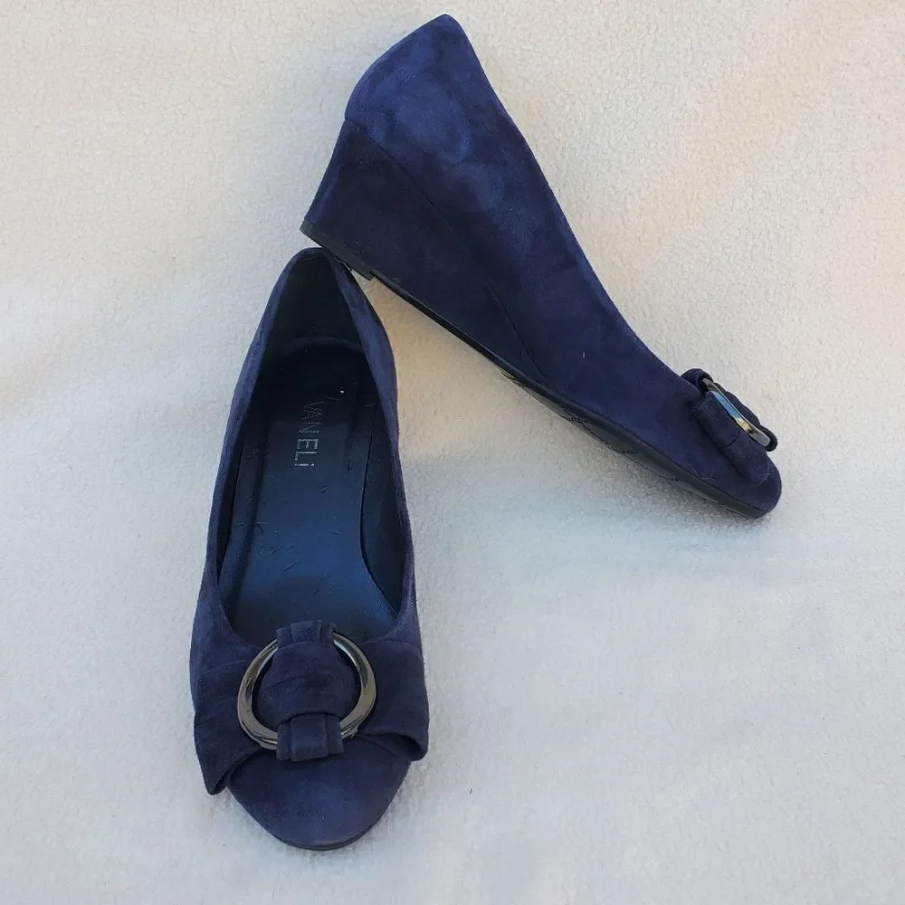 Vaneli blue suede wedges with attached ribbon buckle
